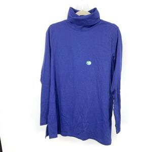 LL Bean Women Size Large Shirt Turtleneck Tunic Top Cotton Blue Long Sleeve